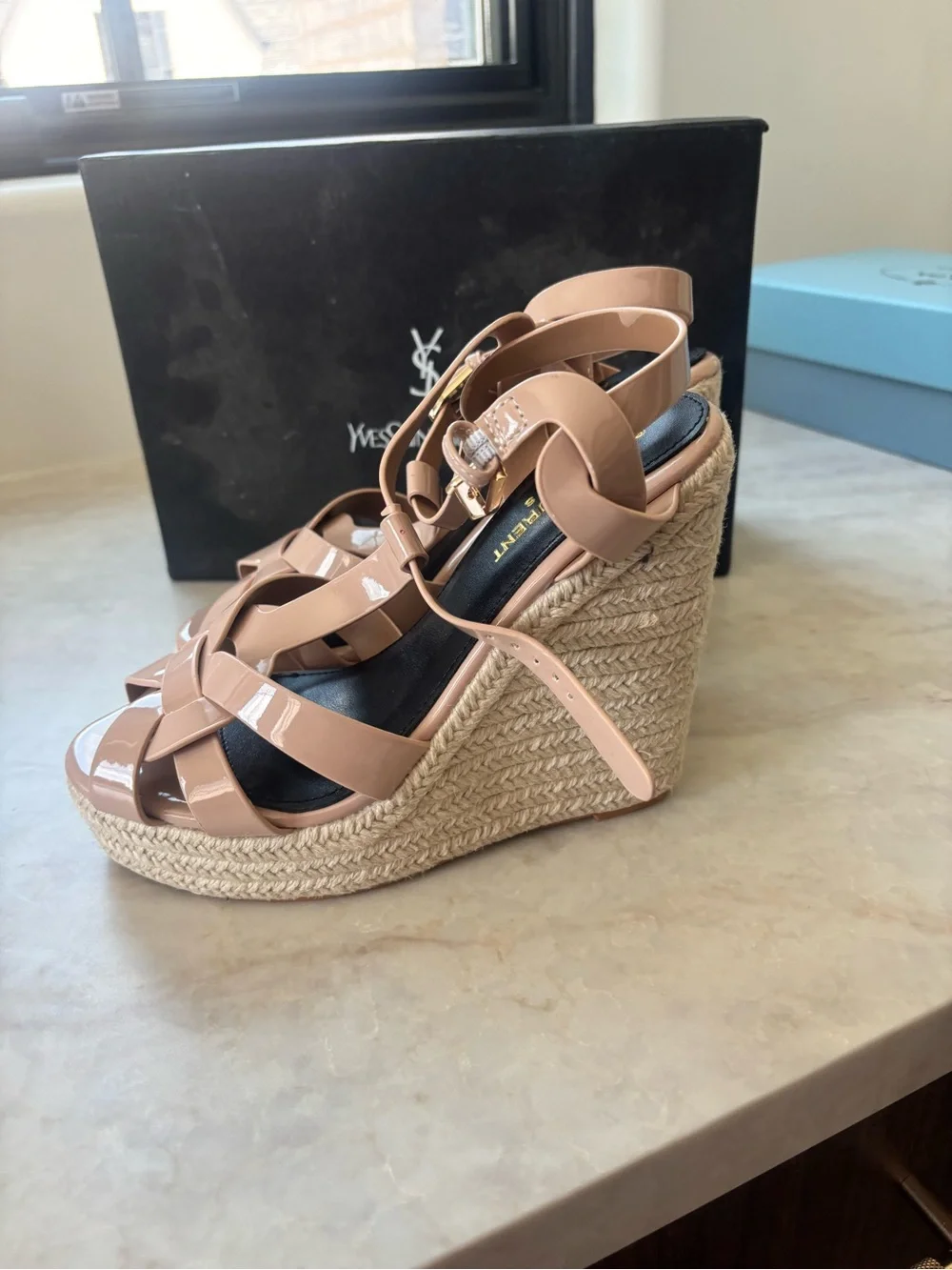 Patent Leather Nude Blush Wedge Sandals with Braided Espadrille Platform